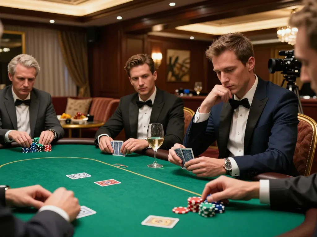 Thrilling high-stakes poker game at trang chủ F168 with players focused on their hands and chips.