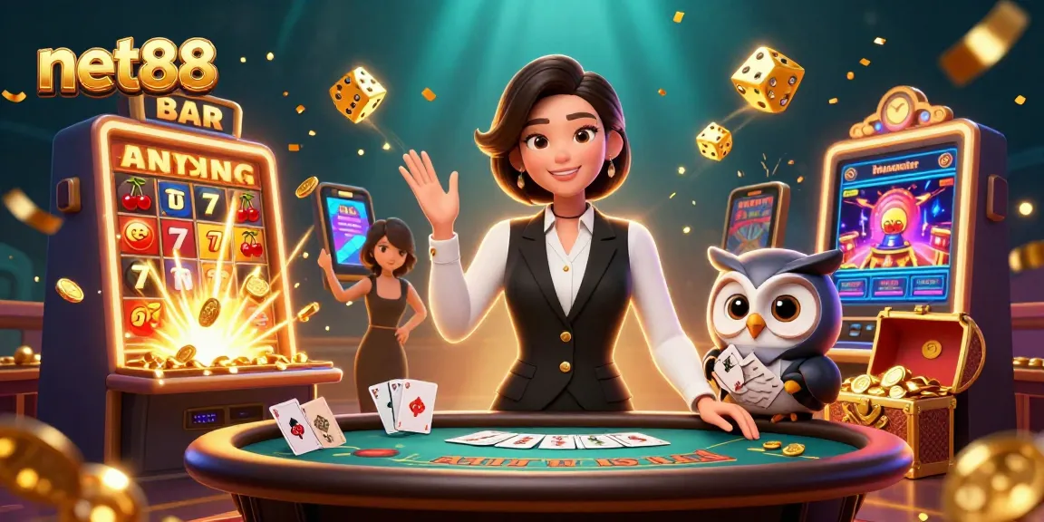 Engage with net88's casino adventure featuring skilled dealers, exciting slot machines, and vibrant gameplay elements.