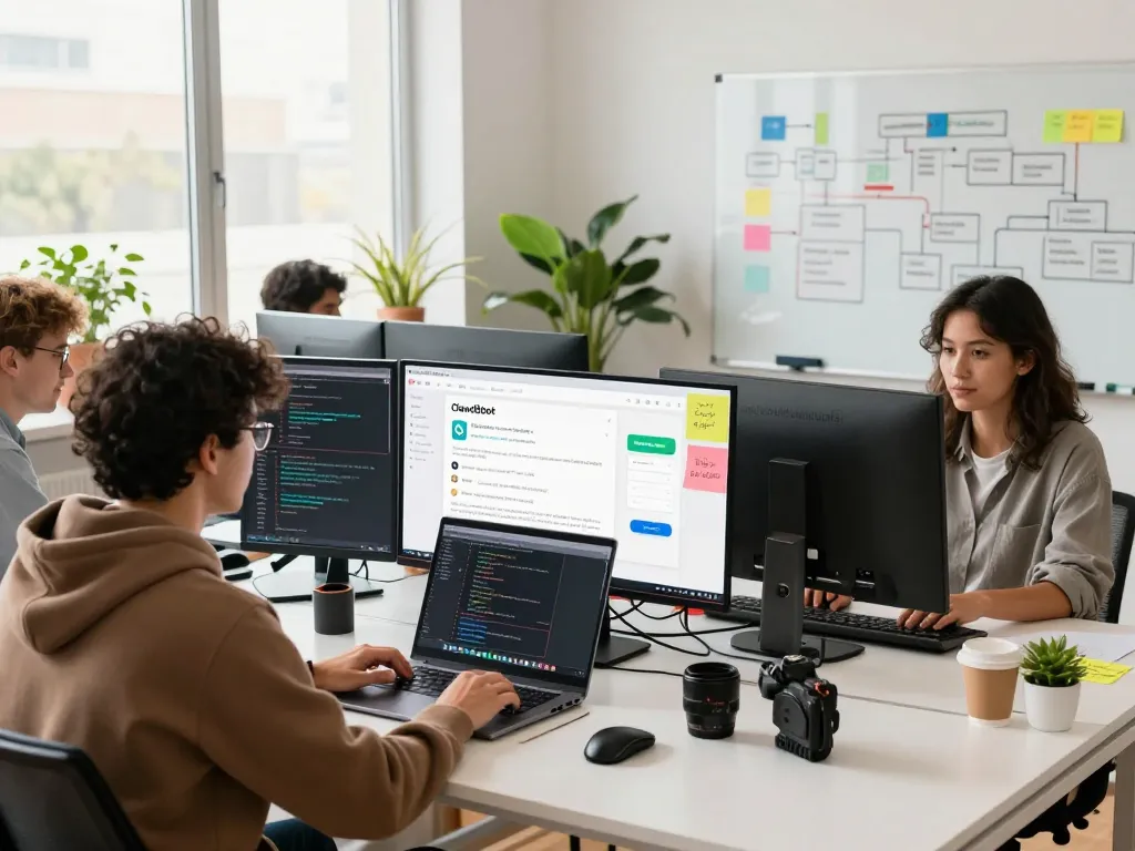 Developer collaborating in a modern workspace using clawdbot for AI assistance.