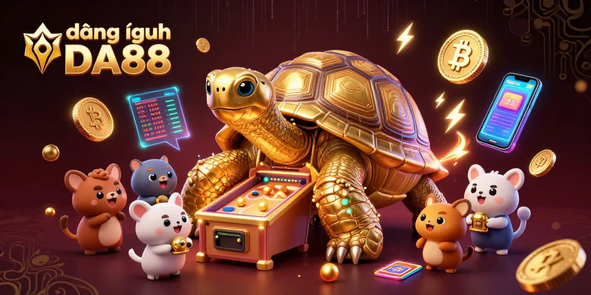 Engage with đăng nhập DA88 in this vibrant scene showcasing a colossal golden tortoise and cryptocurrencies.