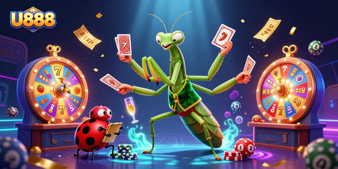 Experience thrill with U888's vibrant cartoon casino scene featuring dynamic card games and colorful slot elements.