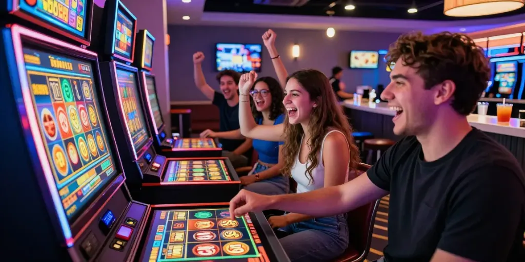 Group enjoying the rokok88 slot experience in a vibrant gaming lounge.