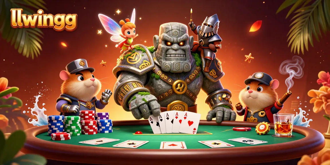Engage with llwingg's lively casino scene featuring a guardian golem, a fairy, and a hamster knight.