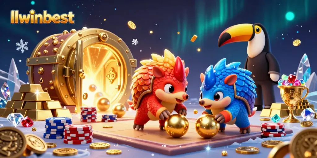 llwinbest pangolins compete in a vibrant casino scene surrounded by treasures and confetti.