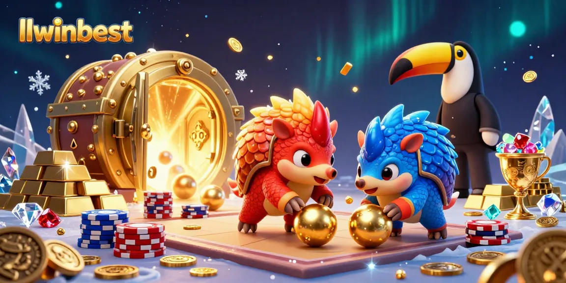 llwinbest pangolins compete in a vibrant casino scene surrounded by treasures and confetti.