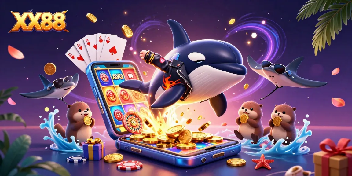 Experience thrilling gaming adventures with XX88, featuring an orca, stingray, and otters amidst dynamic slot games.