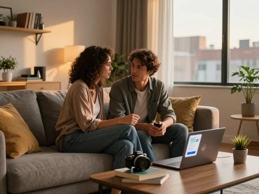 Couple discussing ai sex solutions in a cozy urban apartment.
