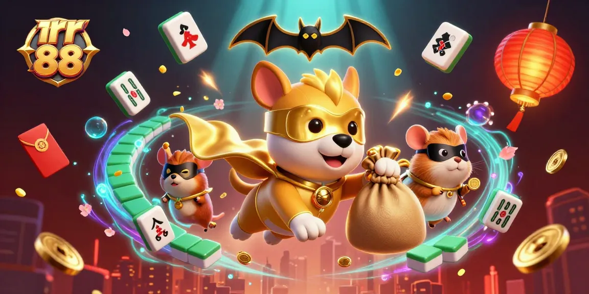 rr 88 superhero dog collects gold coins amid vibrant casino elements in a flashy scene
