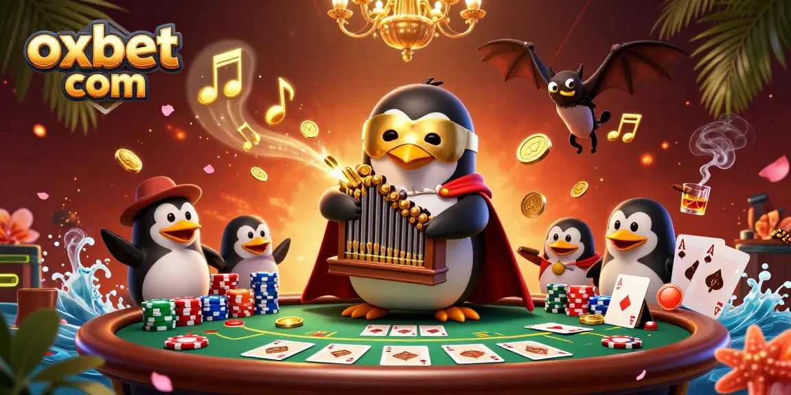 Experience the thrill at oxbet com with a vibrant 3D casino illustration of penguins and poker action.