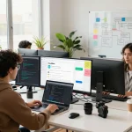 Developer collaborating in a modern workspace using clawdbot for AI assistance.