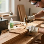 Artigiano esperto che elimina tarli dai mobili in legno utilizzando metodi ecologici in un laboratorio luminoso.