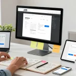Employee accessing the WPS Official Website in a modern tech workspace, showcasing document editing tools.