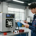 Tecnico che utilizza sistemi di trasferimento carburante Piusi in un garage moderno.