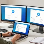 Using the Telegram web version on a modern laptop in a bright workspace.